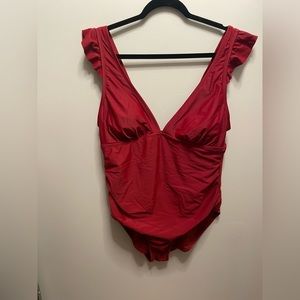 Kona Sol Red Ruffle V-Neck One Piece Swimsuit